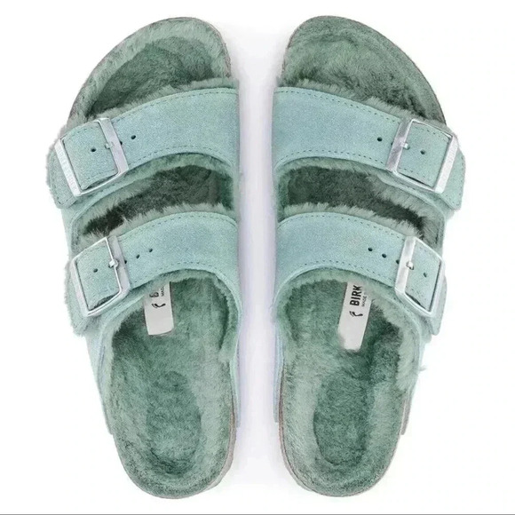 Birkenstock Arizona Shearling Sandal Suede Leather BERYL BLU-GREEN-NWT Unusual - Picture 1 of 5